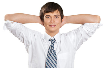 Smiling Businessman with Hands Behind Head - Isolated