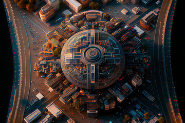 Futuristic city center top view. Digitally generated AI image.