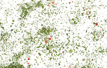 Mixture of sea salt and spices, french style, sea ​​salt, parsley, chives chopped, dill, coriander, tarragon and red peppercorns isolated on white background and texture