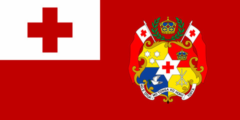 The flag and coat of arms of the Kingdom of Tonga as a background. Concept collage.