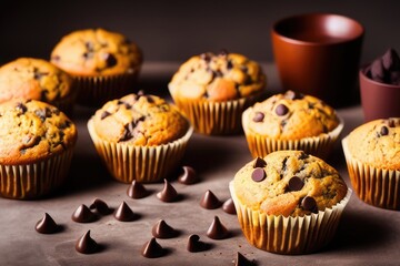 Delicious Chocolate Chip Muffins: Moist and Tempting Baked Goods with Dripping Chocolate and Choco Chips, Perfect for Chocolate Lovers and Snack Time
