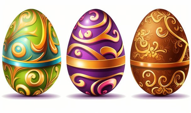 three colorful easter eggs with intricate designs on them, one of which is painted gold and the other has a purple egg with a gold.  generative ai
