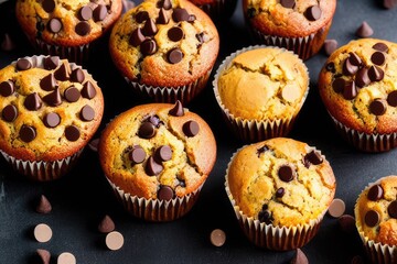 Delicious Chocolate Chip Muffins: Moist and Tempting Baked Goods with Dripping Chocolate and Choco Chips, Perfect for Chocolate Lovers and Snack Time