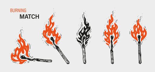Burning Match Stick Silhouette Vector Set. Outline Matchstick. Wood Match with Fire Flames.