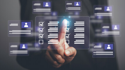 Employees management and human resource, Recruitment concept. Online survey form, answer the test questions marked orchecklist or looking at many different cv resume and choosing perfect person.