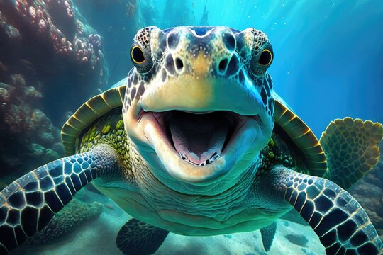 This Hawksbill Sea Turtle Is Showing Its Toothy Grin For The Camera In This Extreme Close Up. Generative AI