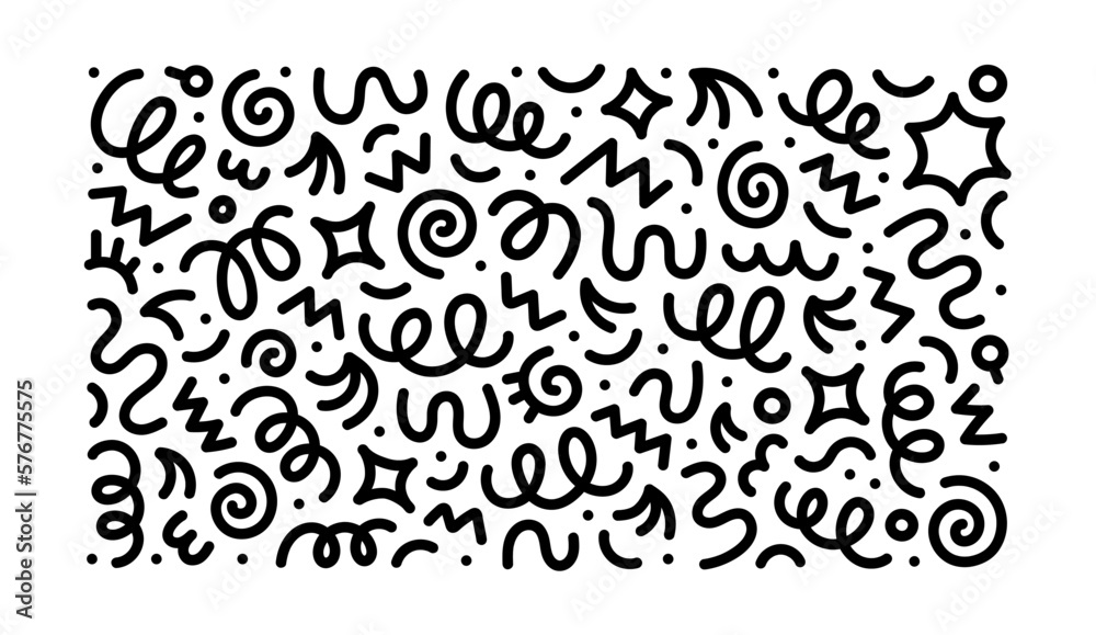 Poster Fun abstract line doodle shape set. Creative minimalist style art symbol collection for children or party celebration with modern shapes. Simple upbeat childish drawing scribble decoration.