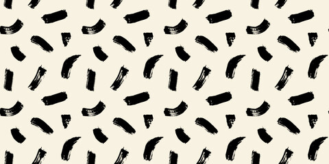 Black and white abstract brush stroke painting seamless pattern illustration. Modern paint line background in monochrome color. Messy graffiti sketch wallpaper print, rough hand drawn texture.