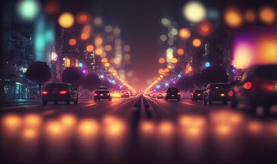 Obraz na płótnie Canvas a city street filled with lots of traffic at night with bright lights on the buildings and cars driving down the street at night time,. generative ai
