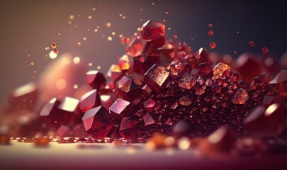  a bunch of red diamonds are in the air and are being blown by the wind on a dark background with a few drops of water on the surface.  generative ai