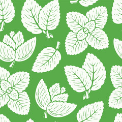 Peppermint Leaves Seamless Pattern. Floral Green Background with Fresh Mint Leaf. Medicinal Plants and Spicy Herbs. Vector illustration