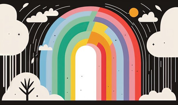  a rainbow with trees and clouds in the background and a black background with white clouds and a rainbow in the middle of the image, and a black background with.  generative ai
