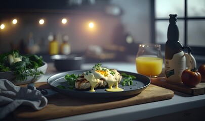  a plate of food on a table next to a glass of orange juice and a bottle of orange juice on a cutting board with a bottle of orange juice in the background.  generative ai