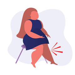 Overweight fat woman having pain in her legs. Flat vector