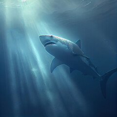 Great White on deep blue ocean background, Generative Ai