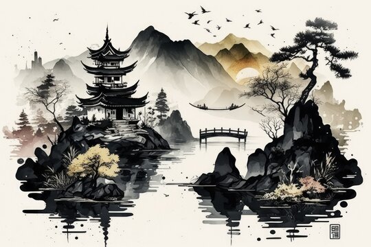 The Chinese landscape style includes sea and mountain scenery. Watercolor picture of a Chinese temple, boats, birds, and lush hills in Japan. A print or poster of an oriental wallpaper pattern would l