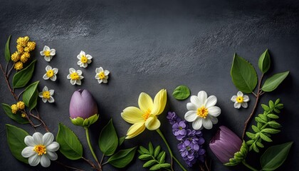 Spring Flowers on Grey Background with Copy Space for Text. Spring Theme. Generative AI.