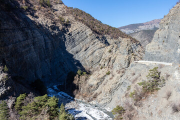 The Gorges de la Blanche, a surprising narrow defile, by which the river Blanche, also called Le Rabouis, will join the Durance. This picturesque and dizzying road leads to the Serre-Ponçon dam.