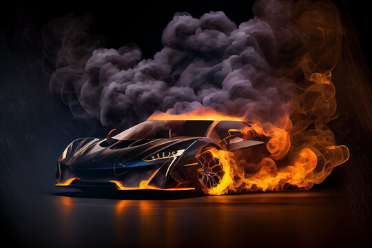 Concept car made of fire and smoke on black background. Digitally generated AI image.