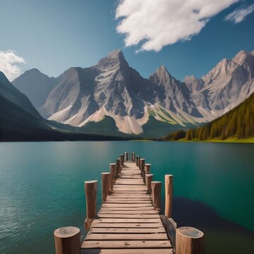 a wooden dock sitting next to a mountain lake, Generated Ai © Jose Coito