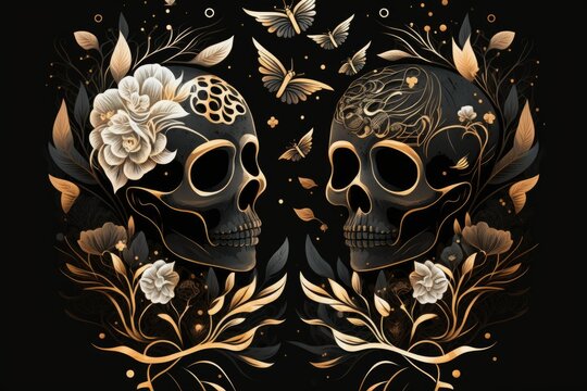 Skulls of humans, both black and gold, and roses of the same color are in flight against a pitch black background. Original take on Halloween or Santa Muerte. Extremely plush and sinister cult idea