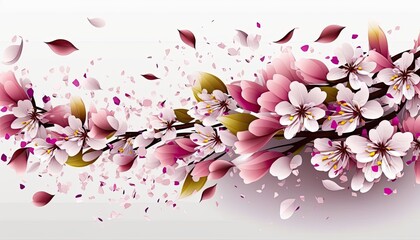 Cherry Blossoms Flying Petals on White Background. Spring Theme. Generative AI.