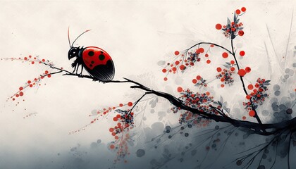 Chinese Style Painting of Ladybug on a Branch. Spring Theme. Generative AI.