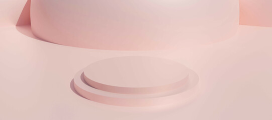 Pastel pink cylinder podium.  Stand to show products. Modern pedestal display with copy space. Banner size. Minimal Website cover template. 3D rendering.