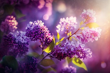 Fototapeta na wymiar Lilac Spring Flowers on Blue Bokeh Background. Spring Theme. Generative AI.
