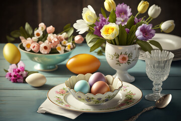 Fototapeta na wymiar Easter celebration table, Easter eggs and flowers, pastel color table setting close up. Generative AI