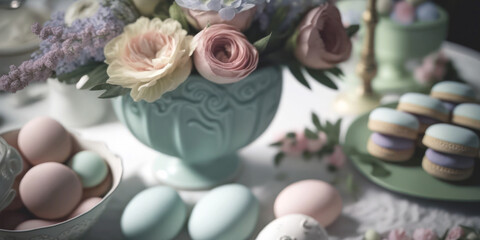 Easter celebration table, Easter eggs and flowers, pastel color table setting close up. Generative AI