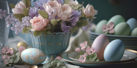 Easter celebration table, Easter eggs and flowers, pastel color table setting close up. Generative AI