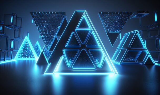  a group of blue neon triangles on a black background with a blue light in the middle of the triangle and the letters a and a in the middle of the triangle.  generative ai