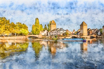 Fotobehang Watercolor drawing picture city view of Strasbourg , beautiful landmark at France. © Destiny