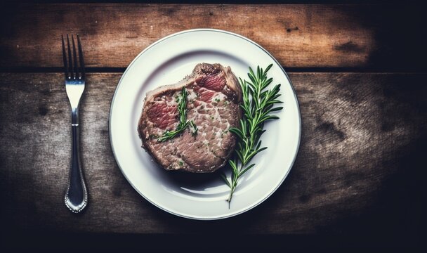 a piece of steak on a white plate with a fork and knife on a wooden table with a piece of meat on a white plate.  generative ai