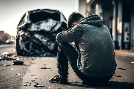A desperate man sitting on the side of the road near a crashed car, ai generative illustration
