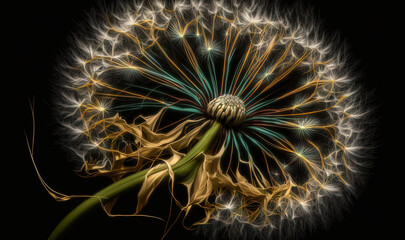  a dandelion flower with lots of white and yellow petals on it's head, with a black background and a black background.  generative ai