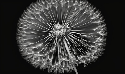  a black and white photo of a dandelion in full bloom with the petals still attached to the stem and the petals still attached to the petals.  generative ai