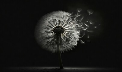  a dandelion in the dark with its seeds blowing in the wind and the light shining on the top of the dandelion.  generative ai