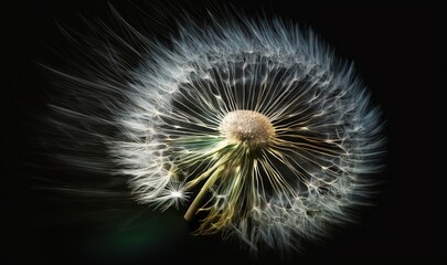  a white dandelion with lots of seeds blowing in the wind on a black background with room for text or image, with space for text.  generative ai