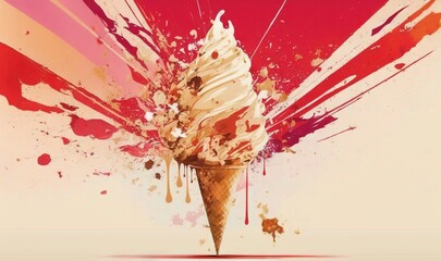  an ice cream cone with sprinkles and paint splatters on a red and white background with a splash of pink and red.  generative ai