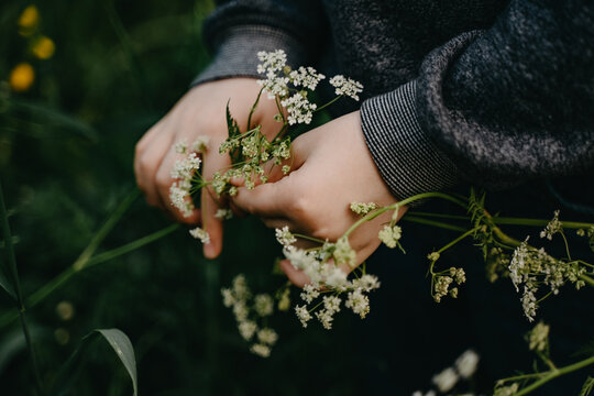 Little boy holding wildflowers in his hands in summer