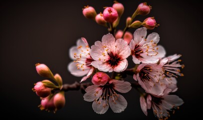 Cherry Blossoms on Black Background. Spring Theme. Generative AI.