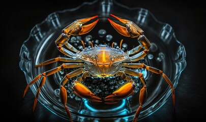  a close up of a crab on a plate with water droplets on it's surface and a black background with a blue and orange color scheme.  generative ai