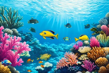 Fototapeta na wymiar Watercolor Illustration of a group of fishes. Generative AI