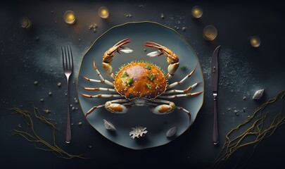  a plate with a crab on it and a fork, knife, and spoon on the side of the plate is surrounded by seaweed and seaweed.  generative ai