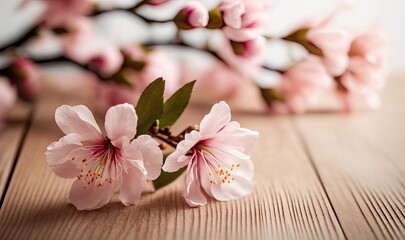Fototapeta na wymiar Cherry Blossoms on Wooden Table Photography. Spring Theme. Generative AI.