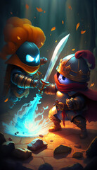 Two warrior knights are fighting with each other. With cute, fantasy style animals