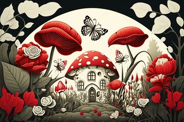 stunning natural setting with roses, butterflies, and red and white mushrooms. artwork for the story of Alice in Wonderland. Generative AI