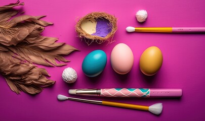  a purple table with eggs, brushes, and a leaf on top of a purple surface with a pink background and a yellow pen on the side.  generative ai